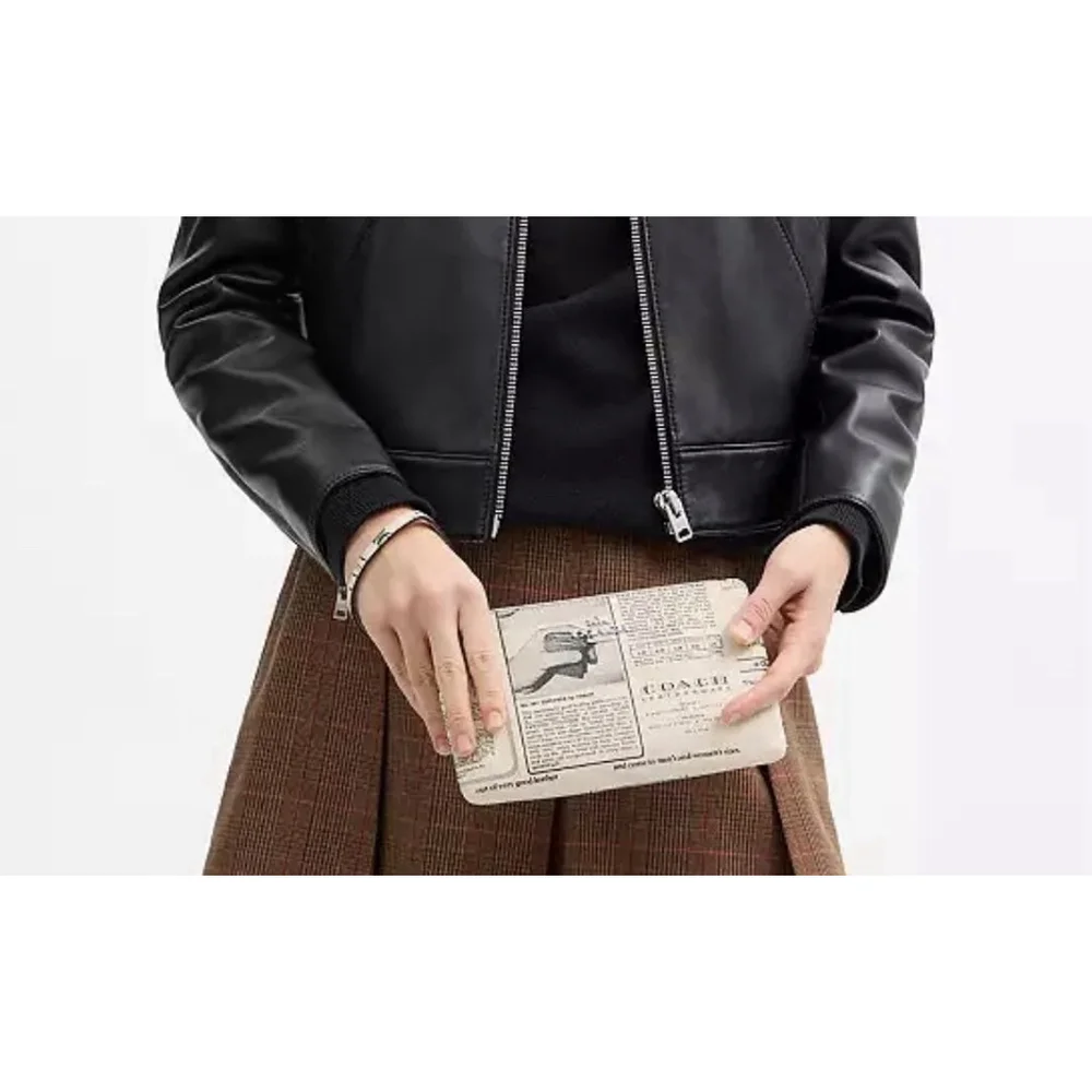 Coach Large Wristlet Newspaper Print Zip Corner